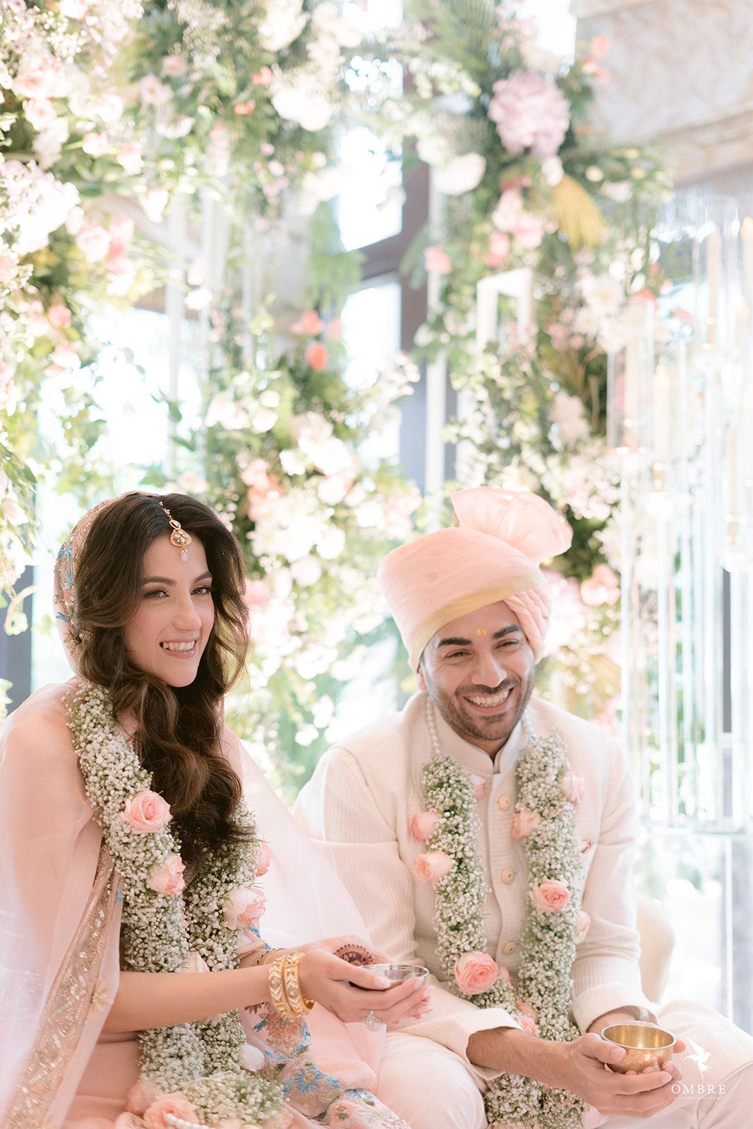 A wedding couple celebrating together